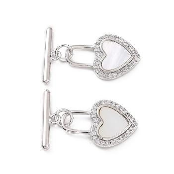Shell Toggle Clasps, with Brass Findings, Heart, Platinum, Bar: 14.5x4x2mm, Hole: 1.5mm, Heart: 18x12x2mm, Hole: 6.5x3.5mm