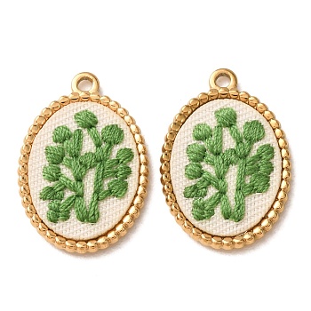 304 Stainless Steel & Cloth Embroidered Pendants, Oval with Leaf Charms, Ion Plating(IP), Long-Lasting Plated, Real 18K Gold Plated, Green, 26x18x3mm, Hole: 2mm