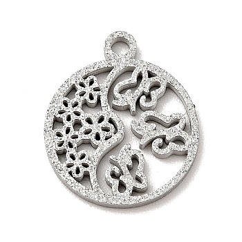 304 Stainless Steel Textured Pendants, Hollow, Flat Round with Butterfly & Flower, Stainless Steel Color, 14x12x1mm, Hole: 1.2mm