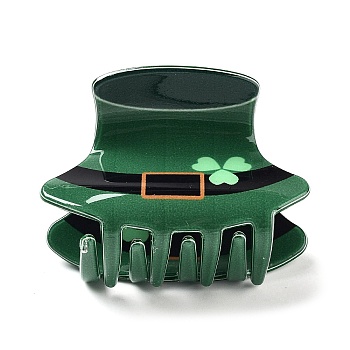 Saint Patrick's Day PVC Plastic Claw Hair Clips, for Women, with Alloy Finding, Clover, Dark Green, 43x62x46mm