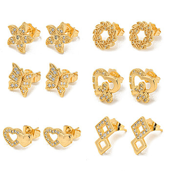 Light Gold Brass Micro Pave Cubic Zirconia Stud Earrings for Women, Mixed Shapes, 11~15.5x10~14mm