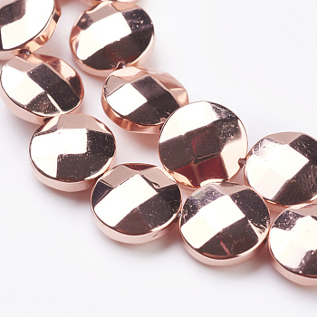 Electroplate Non-magnetic Synthetic Hematite Beads Strands, Grade AAA, Faceted, Flat Round, Rose Gold Plated, 10x4mm, Hole: 1mm, about 40pcs/strand, 15.7 inch(40cm)
