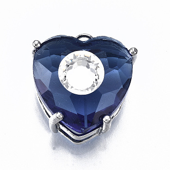Transparent Faceted Glass Pendants, with Brass Prong Settings, Heart with Eye, Platinum, Blue, 16.5x15x10mm, Hole: 2mm