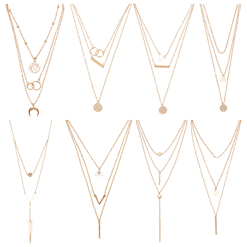 8Pcs 8 Style Alloy Cable Chains 3 Layer Necklaces Set, Triangle & Bar & Horn & Ring Charms Stackable Necklaces for Women, Golden, 14.17 inch(36cm)~18.31 inch(46.5cm), 1Pc/style