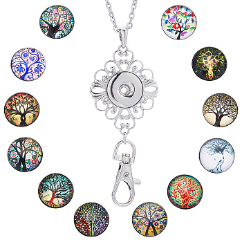 DIY Interchangeable Tree of Life Office Lanyard ID Badge Holder Necklace Making Kit, Including Glass Snap Buttons & Alloy Keychain Making, 304 Stainless Steel Cable Chains Necklace, Mixed Color, 14Pcs/box