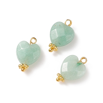Natural Green Aventurine Charms, with Golden Tone Brass Findings, Faceted Heart, 15x10x5mm, Hole: 1.6mm