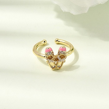 Brass Micro Pave Cubic Zirconia Cuff Open Rings for Women, Dance Shoes, with Enamel, Rack Plating, Cadmium Free & Lead Free, Long-Lasting Plated, Real 18K Gold Plated, Deep Pink, 12x10.5mm, Inner Diameter: 17mm