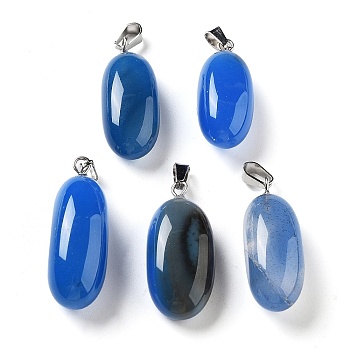 Natural Agate Dyed Pendants, Oval Charms with Stainless Steel Color Plated Stainless Steel Snap on Bails, Royal Blue, 21~32x9.5~16.5x10.5x7.5~12.5mm, Hole: 6x3mm