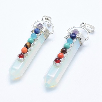 Chakra Jewelry, Opalite Double Terminated Pointed Pendants, with Natural & Synthetic Mixed Stone Alloy Findings, Bullet, Platinum, 58~61x16.5~18x15.5~16mm, Hole: 4.5x7.5mm