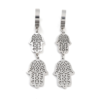 Non-Tarnish Hamsa Hand 304 Stainless Steel Dangle Earrings, Hoop Earrings for Women, Stainless Steel Color, 58.5x14.5mm