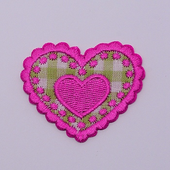 Computerized Embroidery Cloth Iron on/Sew on Patches, Costume Accessories, Appliques, Heart with Heart, Fuchsia, 41x49x1.5mm