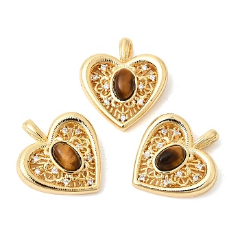Natural Tiger Eye Pendants, Heart Charms with Brass Micro Pave Clear Cubic Zirconia Settings, Real 18K Gold Plated, 19~19.5x17x5~5.7mm, Hole: 2x2.8mm