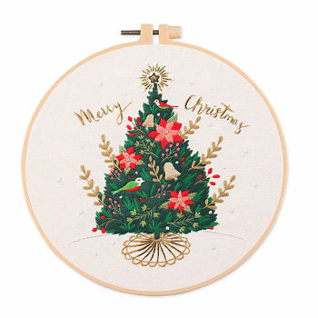 DIY Christmas Theme Embroidery Kits, Including Printed Cotton Fabric, Embroidery Thread & Needles, Plastic Embroidery Hoop, Christmas Tree, 200x200mm