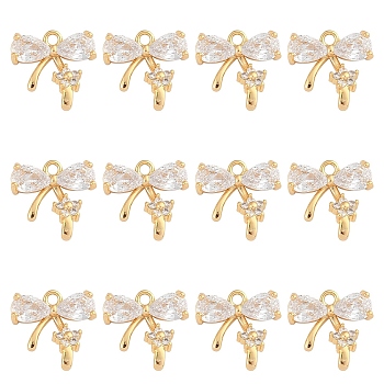 10Pcs Brass Micro Pave Cubic Zirconia Pendants, Bowknot Charms, Real 18K Gold Plated, 13x12.5x3mm, Hole: 1mm