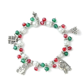 Colorful Glass Beaded Stretch Bracelet, Christmas Sock & Tree & Candy Cane & Gift Alloy Charms Bracelet, Antique Silver, Inner Diameter: 2-3/8 inch(6cm)