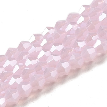 Imitation Jade Electroplate Glass Beads Strands, Pearl Luster Plated, Faceted, Bicone, Pink, 4x4mm, Hole: 0.8mm, about 82~85pcs/strand, 12.01~12.2 inch(30.5~31cm)