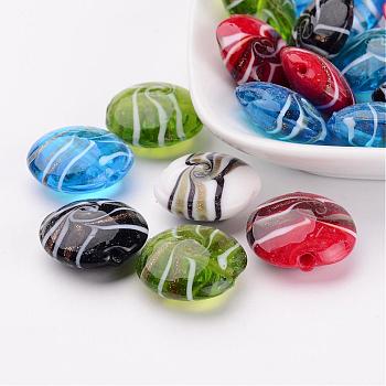Mixed Color Flat Round Handmade Gold Sand Lampwork Beads, about 20mm in diameter, hole: 2mm