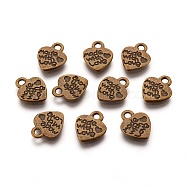 Tibetan Style Alloy Pendants, Cadmium Free & Nickel Free & Lead Free, Valentine's Day, Heart with Made with Love, Antique Bronze, 12.2x10x1.8mm, Hole: 2mm(MLF0004Y-NF)