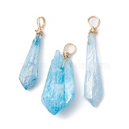 Electroplated Natural Quartz Crystal Dyed Pendants, Teardrop Charms with Golden Plated Copper Wire Loops, Light Sky Blue, 34~37x6~10.5x6~9.5mm, Hole: 3.5mm(PALLOY-JF02325-03)