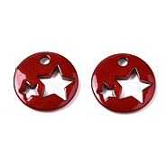 Spray Painted Brass Charms, Flat Round with Star, Dark Red, 14.5x14.5x2.5mm, Hole: 2mm(KK-Q252-003E)