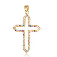 Brass Micro Pave Colorful Cubic Zirconia Pendants, Hollow Cross Charms, Real 18K Gold Plated, 34x23x2.3mm(ZIRC-OY009-01G)