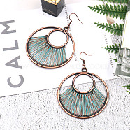 Creative Design Alloy Dangle Earrings, with Yarn, Flat Round, Red Copper, Medium Turquoise, 75x55mm(EJEW-F238-20F)
