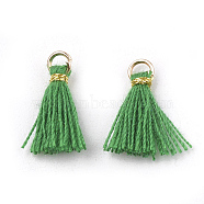 Polycotton(Polyester Cotton) Tassel Pendant Decorations, Mini Tassel, with Iron Findings and Metallic Cord, Light Gold, Medium Sea Green, 10~15x2~3mm, Hole: 1.5mm(FIND-S281-11)