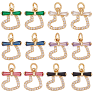 SUPERFINDINGS 12Pcs 6 Colors Rack Plating Brass Micro Pave Cubic Zirconia Charms, Real 18K Gold Plated, Heart, Mixed Color, 13x12x3mm, Jump Ring: 5x1mm, Inner Diameter: 3.3mm, 2pcs/color(ZIRC-FH0001-27)