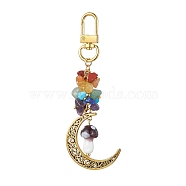 Alloy Hollow Moon & Lampwork Mushroom Pendant Decorations, Natural & Synthetic Mixed Stone Chip and Swivel Clasps Charm, Rosy Brown, 99mm(HJEW-JM01612-05)