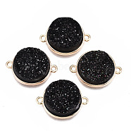 Natural Druzy Agate Links Connectors, with Light Gold Brass Findings, AB Color Plated, Dyed, Flat Round, Black, 24x18x6.5~7.5mm, Hole: 1.8mm(G-T131-86A)