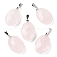Natural Rose Quartz Pendants, Faceted Oval Charms with Platinum Plated Brass Snap on Bails, 21.8x13.4~13.5x6.2mm, Hole: 5.3x3.7mm(G-E603-03P-04)