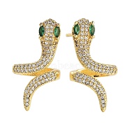 Rack Plating Snake Brass Stud Earrings, with Clear Cubic Zirconia, Cadmium Free & Lead Free, Long-Lasting Plated, Real 18K Gold Plated, 23x11.5mm(EJEW-N055-45G-RS)