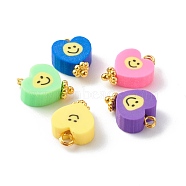 Handmade Polymer Clay Charms Pendant, with Golden Iron Eye Pin and Brass Beads, Heart with Smiling Face, Mixed Color, 13x9.5x4.5mm, Hole: 1.8mm(PALLOY-JF00789)