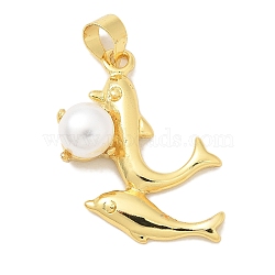 Rack Plating Brass Pendants, with ABS Imitation Pearl, Long-Lasting Plated, Lead Free & Cadmium Free, Real 18K Gold Plated, Dolphin, 22.5x17x6.5mm, Hole: 4.5x3mm(KK-K293-24J-G)