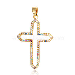 Brass Micro Pave Colorful Cubic Zirconia Pendants, Hollow Cross Charms, Real 18K Gold Plated, 34x23x2.3mm(ZIRC-OY009-01G)