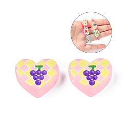 Autumn Theme Transparent Printed Acrylic Beads, for Hair Rope DIY, Large Hole Beads, Rubberized Style, Heart with Grape Pattern, Pink, 14x18x8mm, Hole: 4mm(MACR-S373-124-H09)