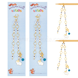Acrylic Beaded Knitting Row Counter Chains, Alloy Enamel & Polymer Clay Rhinestone Locking Stitch Marker, Flat Round with Number & Sheep, Light Gold, 27.3cm, 2pcs/set(HJEW-AB00378)