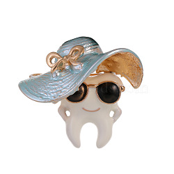 Light Blue Summer Hat Cartoon Tooth Enamel Brooch Pin, Alloy Badge for Backpack Clothes, Light Gold, 30x33mm(JEWB-Z031-11KCG)