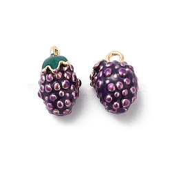 Real 18K Gold Plated Tone Brass Enamel Charms, Grape Charm, Purple, 12x8x7mm, Hole: 1.5mm(KK-P234-07G)