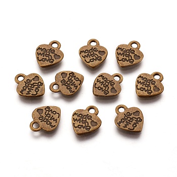 Tibetan Style Alloy Pendants, Cadmium Free & Nickel Free & Lead Free, Valentine's Day, Heart with Made with Love, Antique Bronze, 12.2x10x1.8mm, Hole: 2mm