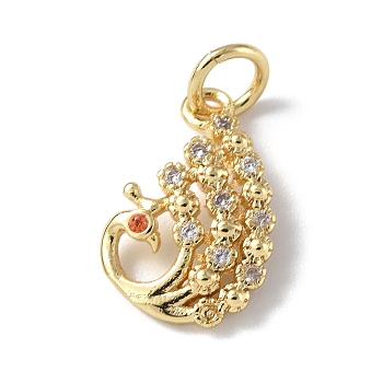 Brass Micro Pave Cubic Zirconia Charms, with Jump Ring, Peacock Charms, Real 18K Gold Plated, 14.5x10x2mm, Hole: 3mm
