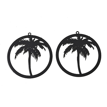 Baking Painted 430 Stainless Steel Pendants, Coconut Tree Shape Charms, Black, 37x35x0.5mm, Hole: 1.4mm
