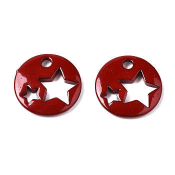 Spray Painted Brass Charms, Flat Round with Star, Dark Red, 14.5x14.5x2.5mm, Hole: 2mm