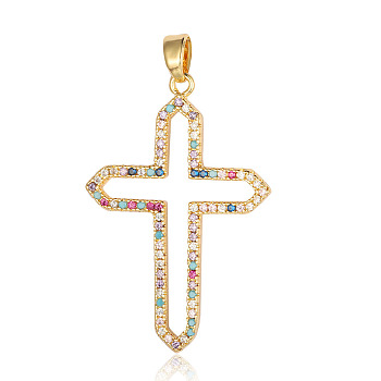 Brass Micro Pave Colorful Cubic Zirconia Pendants, Hollow Cross Charms, Real 18K Gold Plated, 34x23x2.3mm