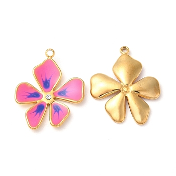 304 Stainless Steel Enamel Pendants, with Rhinestones, Real 18K Gold Plated, Flower Charm, Deep Pink, 21.5x17x2.5mm, Hole: 1.5mm