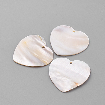Freshwater Shell Pendants, Heart, Seashell Color, 37x39.5x2mm, Hole: 1.5mm