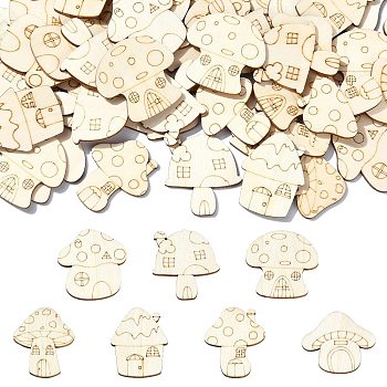 Unfinished Wood Cutouts, DIY Craft Supplies, Mushroom House, Floral White, 3.05~3.5x2.7~3.15x0.2cm, about 100pcs/set