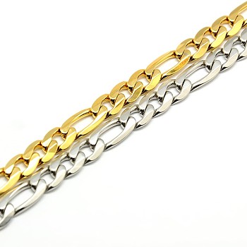 Trendy 304 Stainless Steel Figaro Chain Bracelets, with Lobster Claw Clasps, Faceted, Mixed Color, 8-5/8 inch(220mm), 7mm