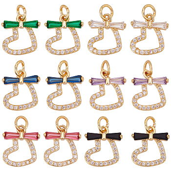 SUPERFINDINGS 12Pcs 6 Colors Rack Plating Brass Micro Pave Cubic Zirconia Charms, Real 18K Gold Plated, Heart, Mixed Color, 13x12x3mm, Jump Ring: 5x1mm, Inner Diameter: 3.3mm, 2pcs/color
