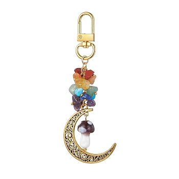 Alloy Hollow Moon & Lampwork Mushroom Pendant Decorations, Natural & Synthetic Mixed Stone Chip and Swivel Clasps Charm, Rosy Brown, 99mm